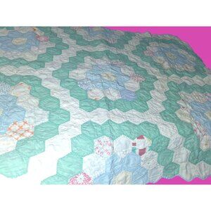 Vintage Hand-Stitched Hexagon Quilt With Floral Patterns Pastel Green Blue White